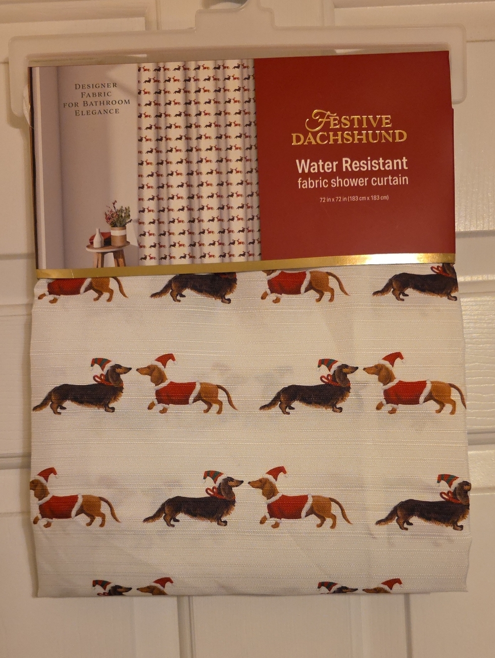 🎅 Festive Dachshund Water-Resistant Fabric Shower Curtain